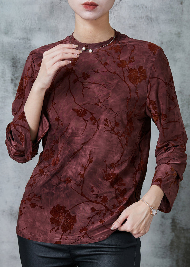 Dull Red Jacquard Silk Velour Shirt Silm Fit Spring