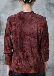 Dull Red Jacquard Silk Velour Shirt Silm Fit Spring