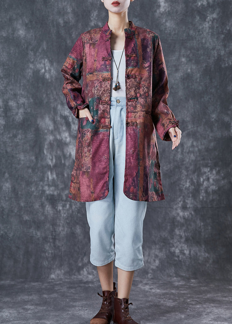 Dull Red Tie Dye Linen Long Shirt Chinese Button Fall