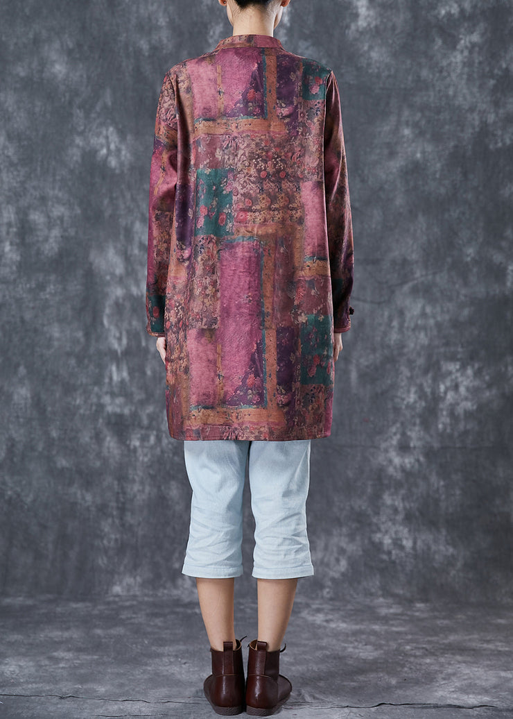 Dull Red Tie Dye Linen Long Shirt Chinese Button Fall