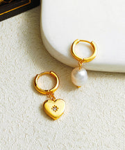 Elegant Aaymmetry Copper Gold Plated Glass Pearl Heart Hoop Earrings