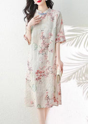 Elegant Apricot Button Print Linen Dress Half Sleeve