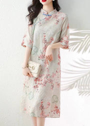 Elegant Apricot Button Print Linen Dress Half Sleeve