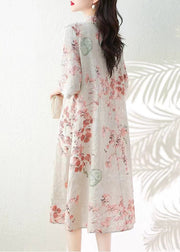 Elegant Apricot Button Print Linen Dress Half Sleeve