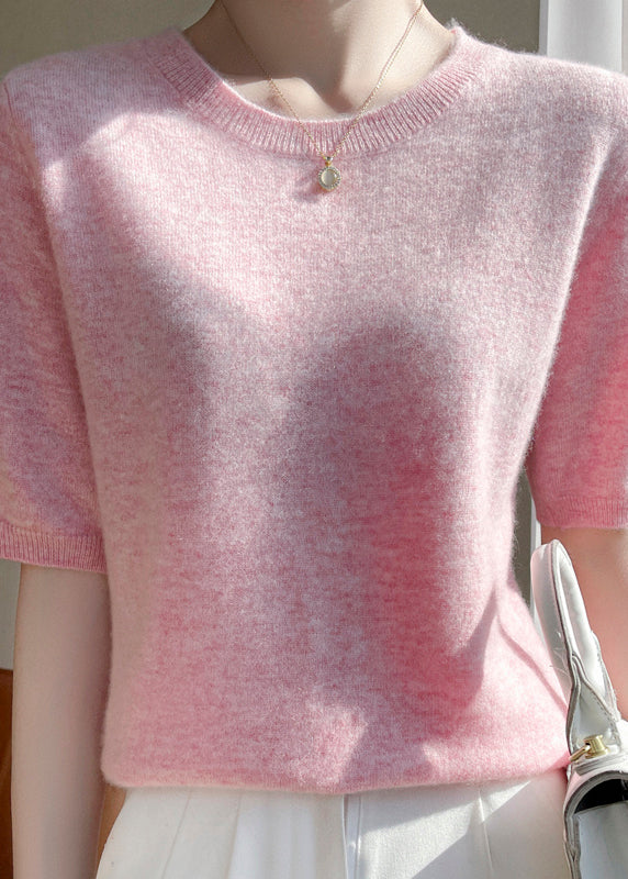 Elegant Apricot O Neck Cashmere Sweater Tops Half Sleeve