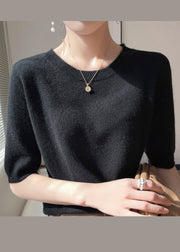 Elegant Apricot O Neck Cashmere Sweater Tops Half Sleeve