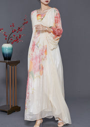 Elegant Apricot Oversized Print Chiffon Vacation Dresses Lantern Sleeve