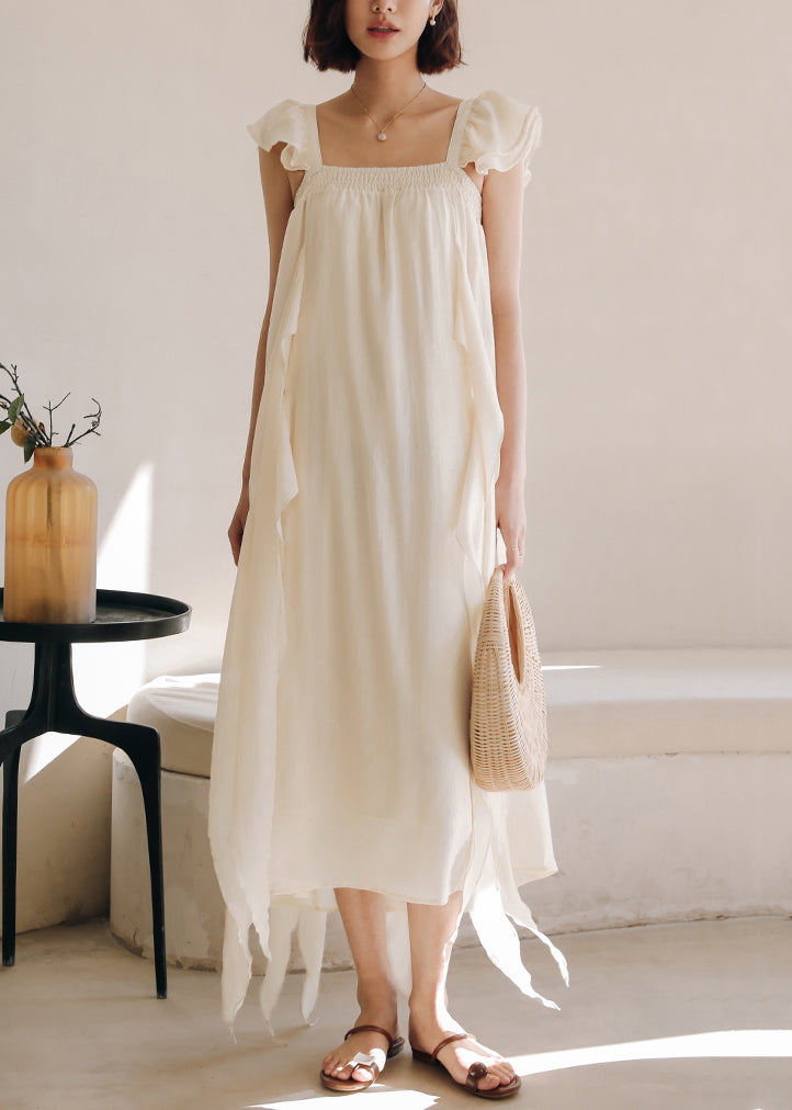 Elegant Apricot Square Collar Solid Silk Dresses Summer