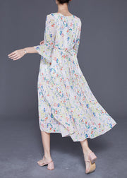 Elegant Apricot V Neck Print Exra Large Hem Chiffon Dress Flare Sleeve