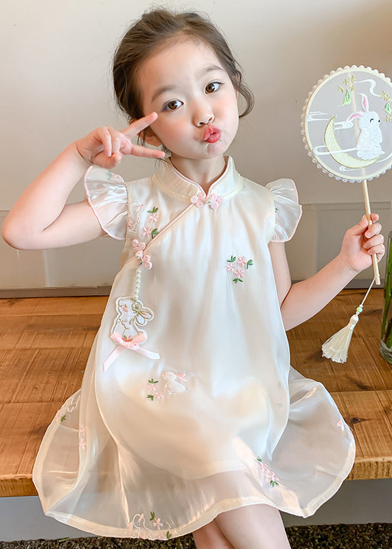 Elegant Beige Embroideried Button Tulle Girls Long Dresses Summer