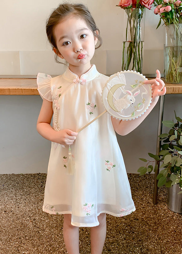 Elegant Beige Embroideried Button Tulle Girls Long Dresses Summer