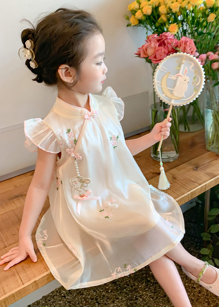 Elegant Beige Embroideried Button Tulle Girls Long Dresses Summer