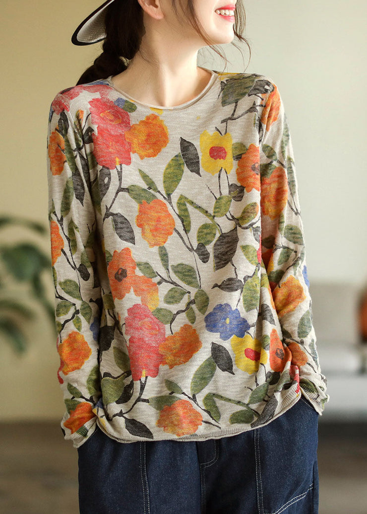 Elegant Yellow O-Neck Print Cotton Knitted Top Long Sleeve