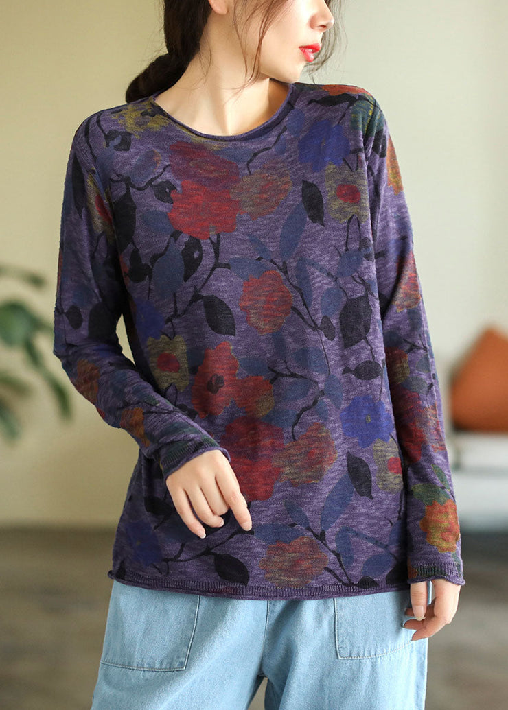 Elegant Grey O-Neck Print Cotton Knitted Top Long Sleeve