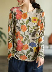 Elegant Grey O-Neck Print Cotton Knitted Top Long Sleeve