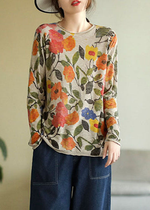 Elegant Grey O-Neck Print Cotton Knitted Top Long Sleeve