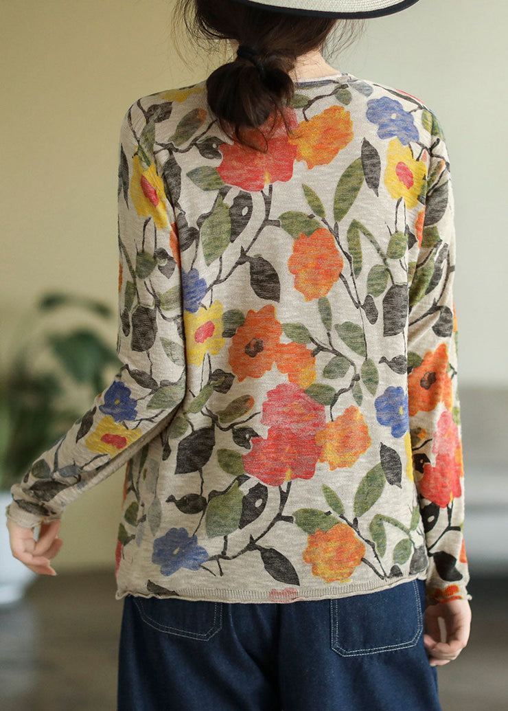 Elegant Beige O-Neck Print Cotton Knitted Top Long Sleeve