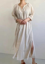 Elegant Beige Oversized Side Open Tie Waist Cotton Dress Bracelet Sleeve