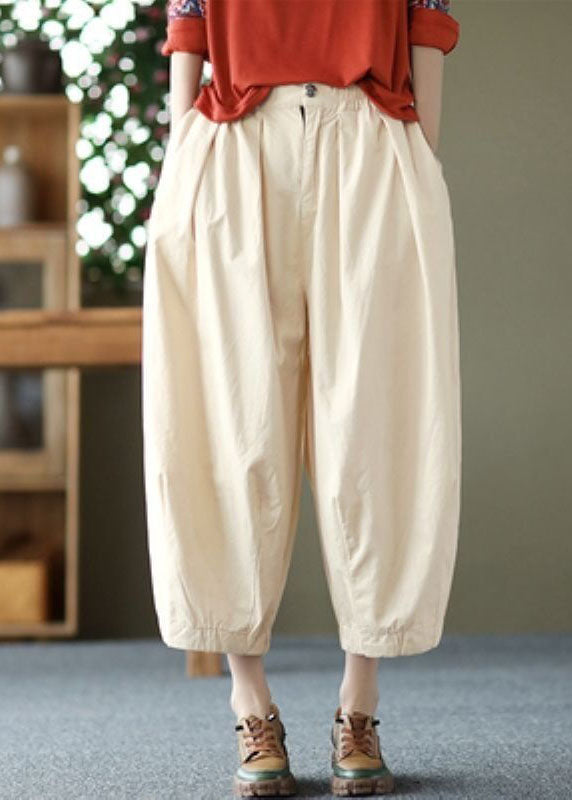 Elegant Beige Pockets Wrinkled Patchwork Linen Crop Pants Summer