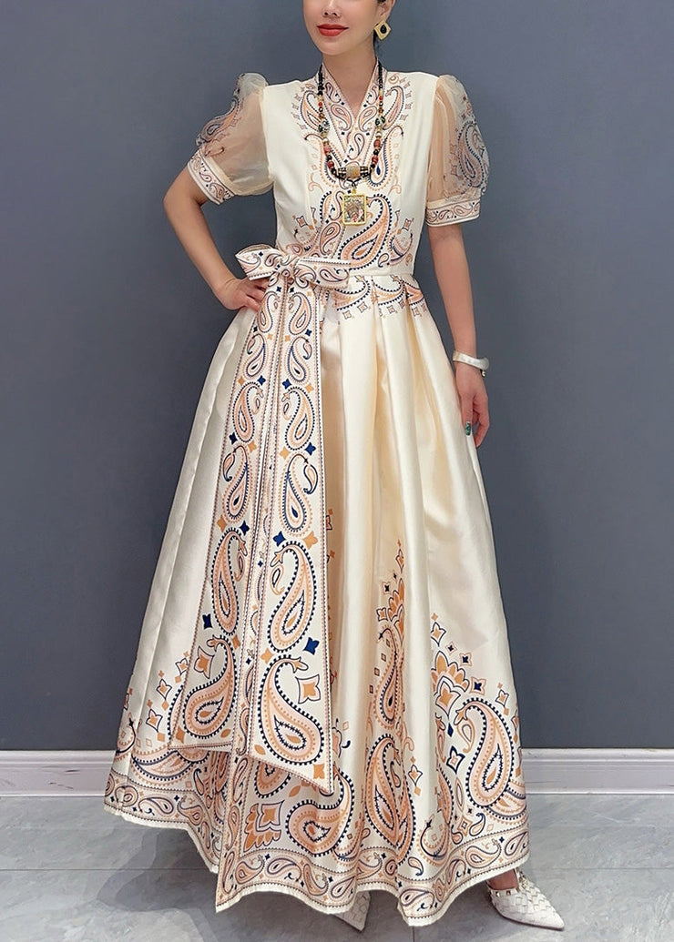 Elegant Beige Print Pockets Silk Long Dress Summer