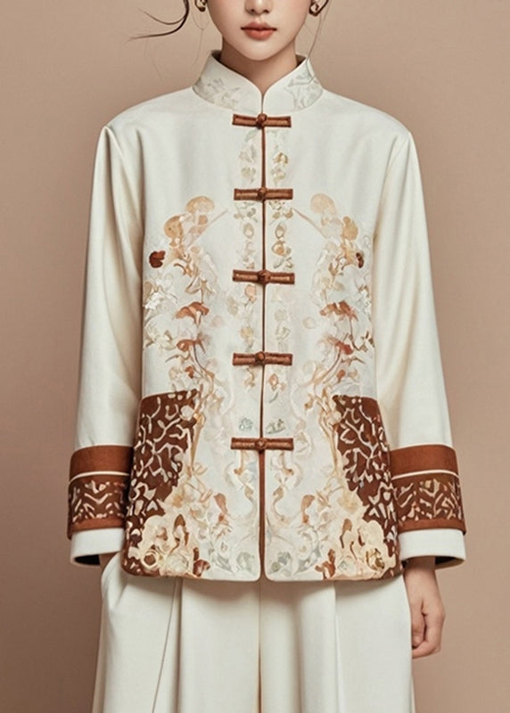 Elegant Beige Print Stand Collar Fall Coats