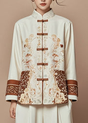 Elegant Beige Print Stand Collar Fall Coats