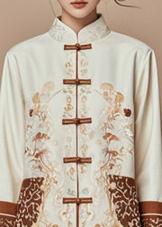 Elegant Beige Print Stand Collar Fall Coats