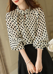 Elegant Beige Stand Collar Dot Print Chiffon Shirts Long Sleeve