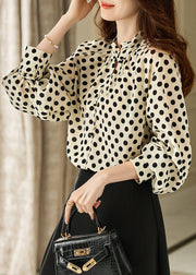 Elegant Beige Stand Collar Dot Print Chiffon Shirts Long Sleeve