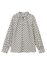 Elegant Beige Stand Collar Dot Print Chiffon Shirts Long Sleeve