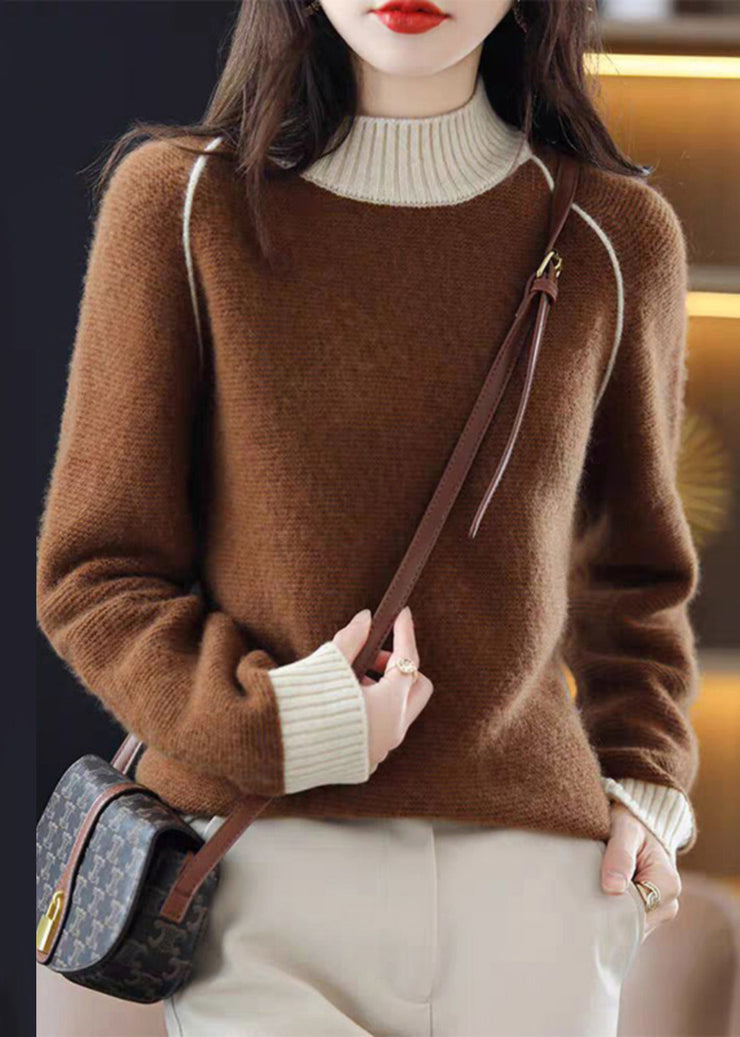 Elegant Brown Turtleneck Cozy Patchwork Wool Knit Sweaters