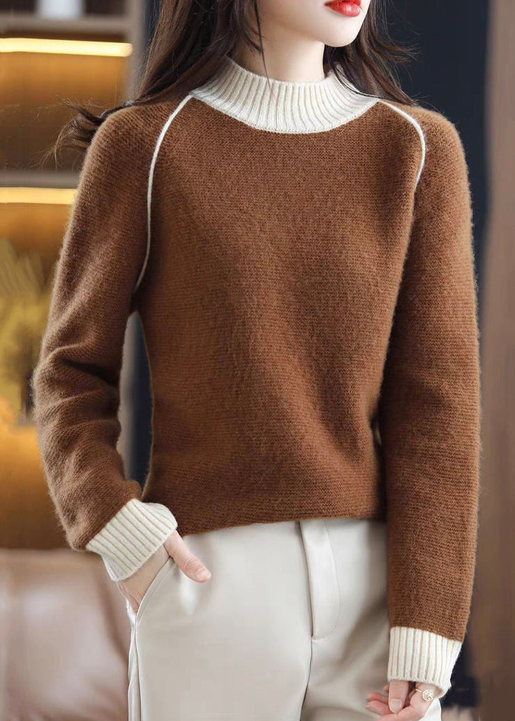 Elegant Brown Turtleneck Cozy Patchwork Wool Knit Sweaters