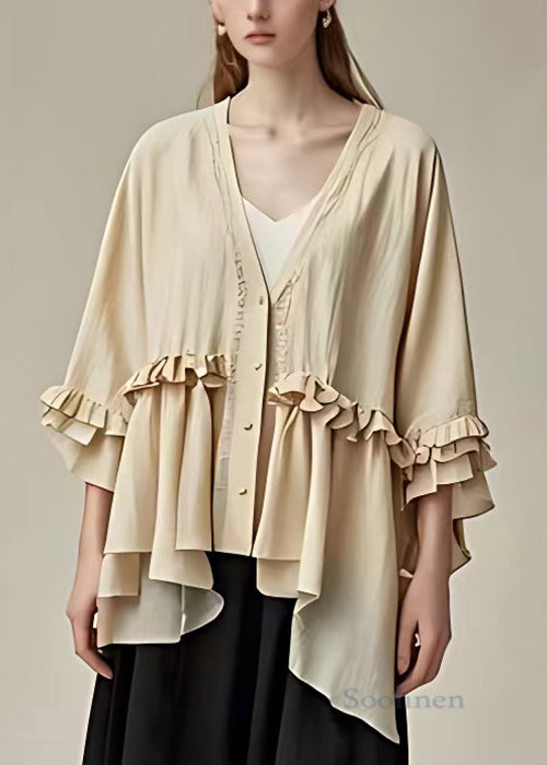 Elegant Beige V Neck Button Ruffled Cotton Coat Butterfly Sleeve