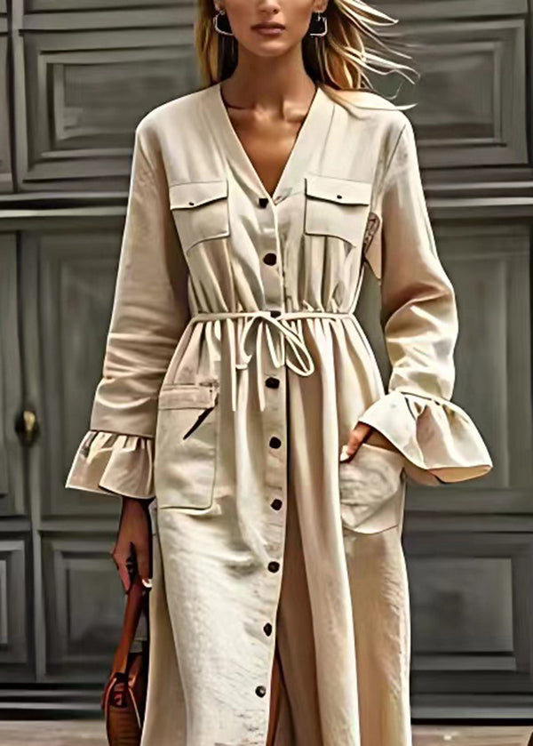 Elegant Beige V Neck Drawstring Pockets Cotton Dresses Long Sleeve