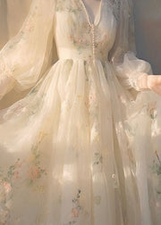 Elegant Beige V Neck High Waist Tulle Maxi Dresses Long Sleeve