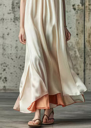 Elegant Beige V Neck Patchwork Silk Long Dress Sleeveless