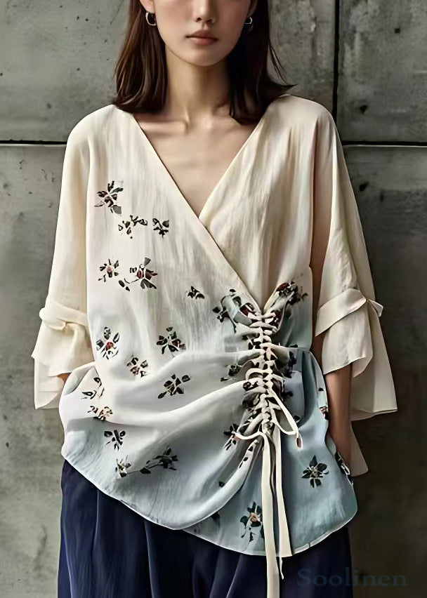 Elegant Beige V Neck Print Lace Up Cotton Shirts Fall