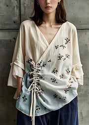 Elegant Beige V Neck Print Lace Up Cotton Shirts Fall