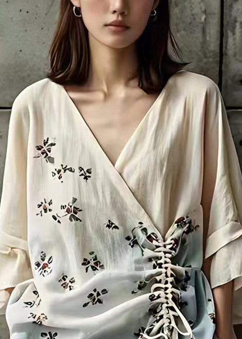 Elegant Beige V Neck Print Lace Up Cotton Shirts Fall