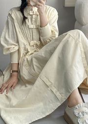 Elegant Beige Wrinkled Button Cotton Dresses Long Sleeve