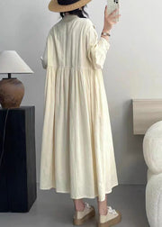 Elegant Beige Wrinkled Button Cotton Dresses Long Sleeve