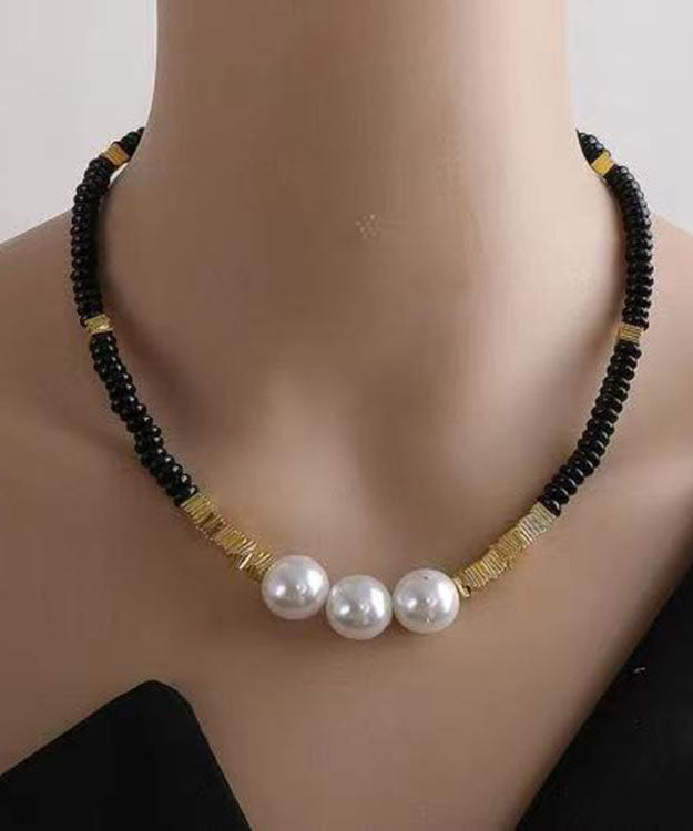 Elegant Black Alloy Pearl Beading Gratuated Bead Necklace