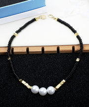 Elegant Black Alloy Pearl Beading Gratuated Bead Necklace