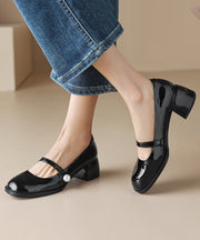 Elegant Black Buckle Strap Sheepskin Chunky High Heels