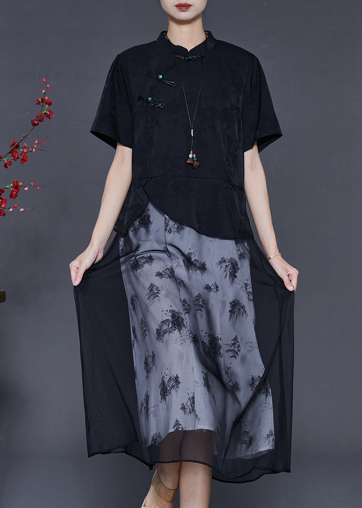 Elegant Black Chinese Button Patchwork Chiffon Dresses Summer