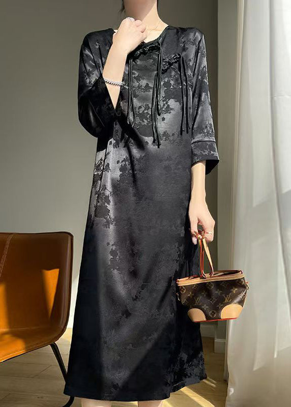 Elegant Black Chinese Button Solid Silk Dresses Fall