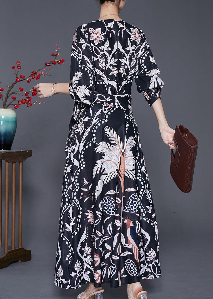 Elegant Black Cinched Print Silk Beach Long Dresses Fall