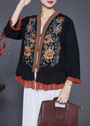 Elegant Black Embroideried Patchwork Ruffles Blouses Fall