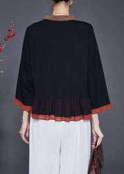 Elegant Black Embroideried Patchwork Ruffles Blouses Fall