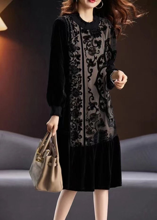 Elegant Black Embroidered Tulle Patchwork Silk Velour Long Dress Long Sleeve